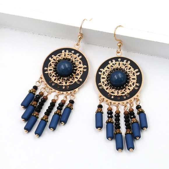 *EMERSYN* Gold x Blue Retro Round Shaped Fashion Tassel Earrings - Picture 4 of 4